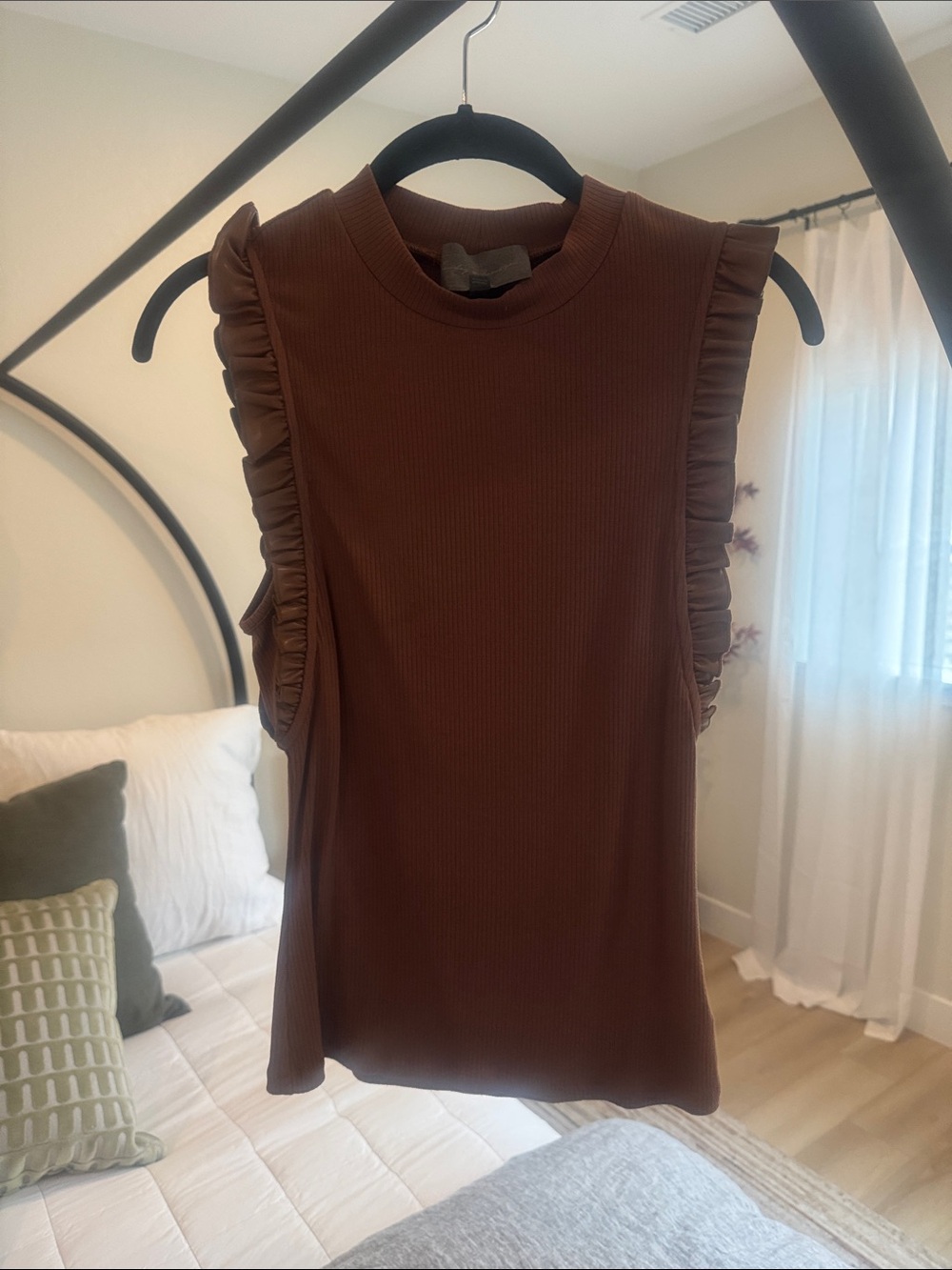 Sunday in Brooklyn Chocolate Brown Ruffled Ribbed Tank